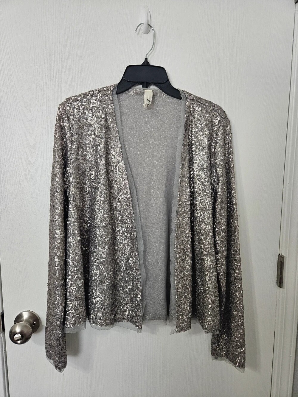 Silver sequin open-front cardigan (Tokyo Darling, size M).